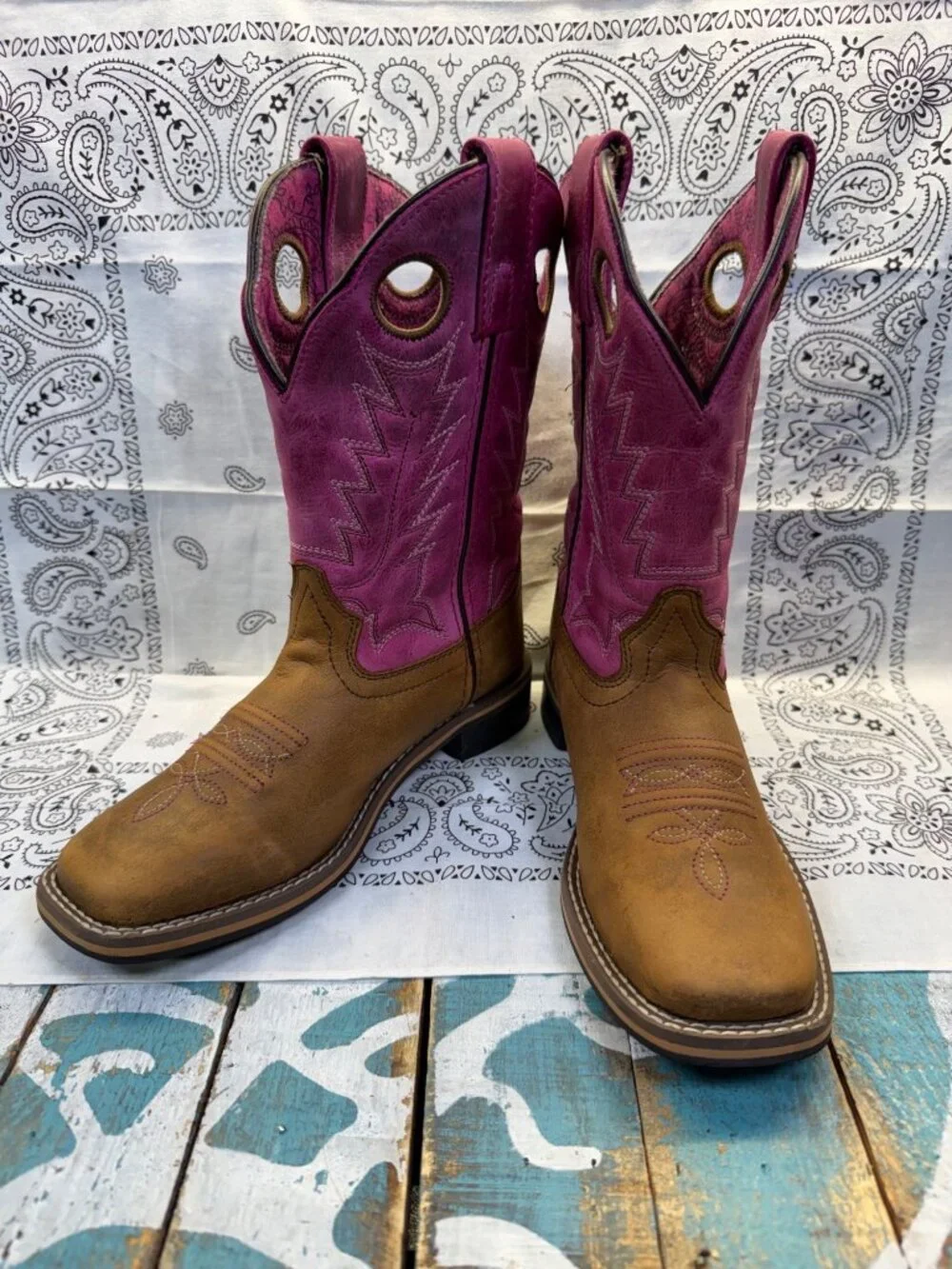 Smoky Mountain Boots Brown/Pink Leather Kids Cowboy Western 3920C Size 1R EUC